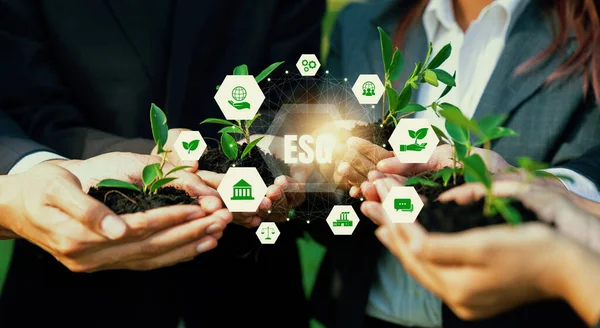 비즈니스 파트너십 리더는 Esg 아이콘으로 공장을 육성하기 보존에 약속을 상징합니다 — 스톡 사진