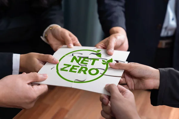 Spójna Grupa Ludzi Biznesu Tworzących Układanki Symbolu Netto Zerowej Ikony — Zdjęcie stockowe