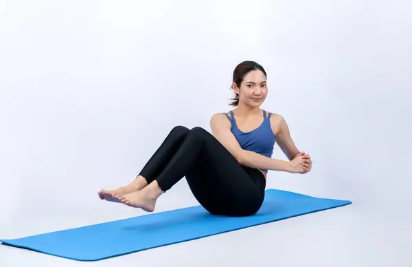 Asian Woman Sportswear Doing Crunch Exercising Mat Workout Training Routine — Stock Photo, Image