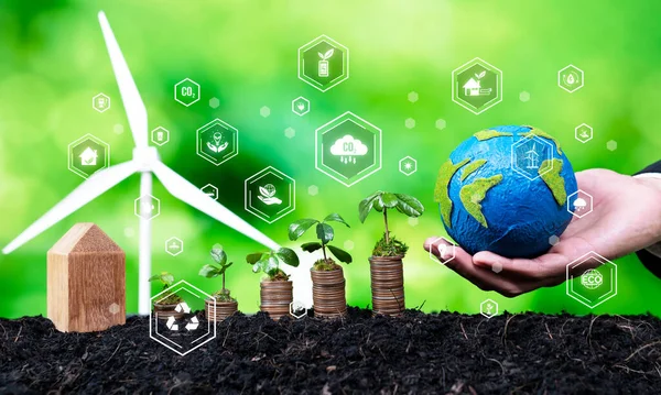 Growing money or coin stack with business investor invest in net zero and sustainable energy technology. Green business investment and financial growth on environmental sustainability. Reliance