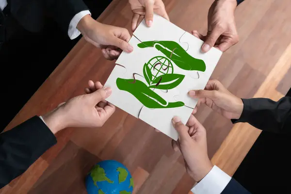 Cohesive Group Business People Forming Jigsaw Puzzle Pieces Environmental Awareness — Stock Photo, Image