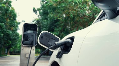 Elektrikli araba parkı ve şarj istasyonunun yanında şarj edilen enerji konseptinin sürdürülebilirliği. Çevresel koruma için yenilenebilir enerji tarafından kullanılan elektrikli araç.