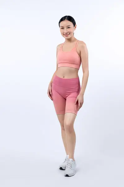 Pieno Corpo Donna Asiatica Abbigliamento Sportivo Ritratto Sorridente Posa Gesto — Foto Stock