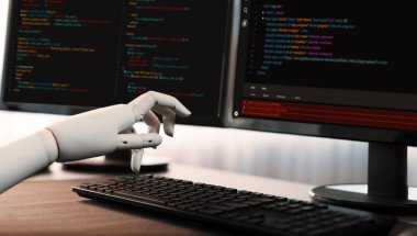 Otomasyon konseptinde yazılım geliştirmek için üretici yapay zekanın gelecekteki teknolojik gelişimi. Bilgisayarda robot el yazısı kodu. Önde.