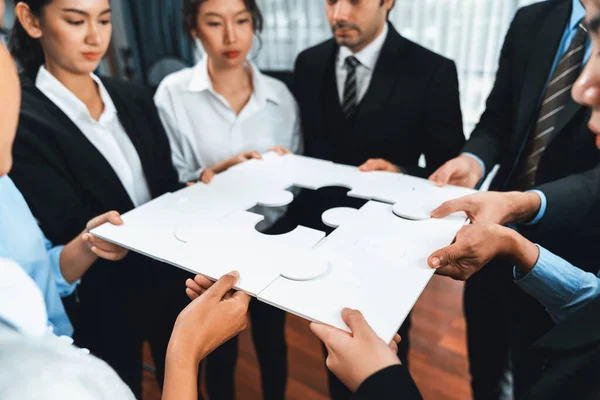 Multiethnic Business People Holding Jigsaw Pieces Merge Them Together Effective — Stock Photo, Image