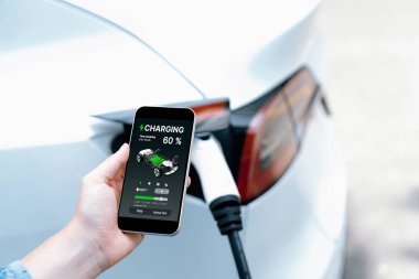 EV 'yi şarj etmek için elektrikli araca EV şarj prizi tak, akıllı telefon EV uygulamasında pil durumu görüntüsü. Ulaşım için alternatif temiz ve sürdürülebilir enerji. Kalıcı
