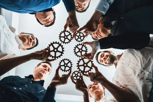 Business Team Joining Cogwheel Circular Together Symbolize Successful Group Business — Stock Photo, Image