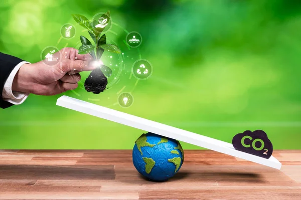 Businessman Balance Tree Sprout Scale Co2 Emission Icon Demonstrate Concept — Stock Photo, Image