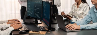 Yazılım geliştirme ekibi ofiste birlikte çalışıyor, bilgisayar ekranında betik görüntülemesi kodluyor. Teknoloji geliştirici şirketinde çalışan programcı ve yazılım mühendisi. Önde.