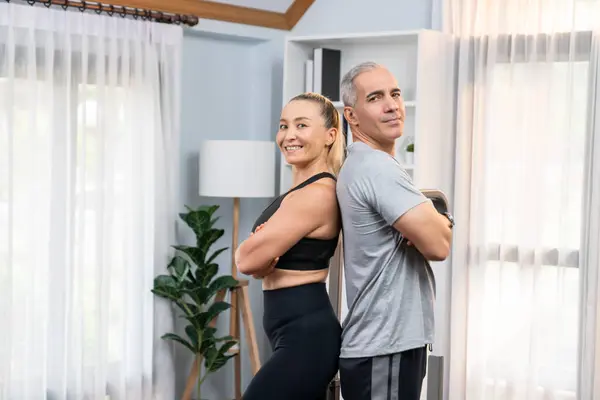 Athletic Sporty Senior Couple Portrait Sportswear Standing Posture Home Exercise — Stock Photo, Image