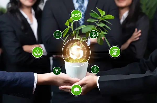 Geschäftspartnerschaften Die Pflanzen Pflegen Oder Gemeinsam Mit Recycling Symbolen Anbauen — Stockfoto