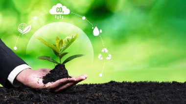 Ekonomik tasarım ikonuna sahip iş adamı yetiştirme tesisi, sürdürülebilir bir gelecek için karbon emisyonunu azaltmak amacıyla büyüyen bitki ve çevre sektörüne olan bağlılığı sembolize etmektedir. Panorama Güvenliği