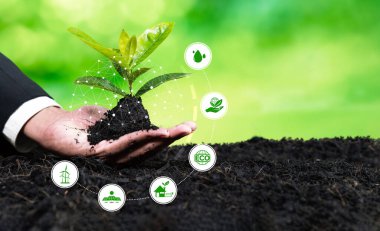 Ekonomik tasarım ikonuna sahip iş adamı yetiştirme tesisi, sürdürülebilir bir gelecek için karbon emisyonunu azaltmak amacıyla büyüyen bitki ve çevre sektörüne olan bağlılığı sembolize etmektedir. Panorama Güvenliği