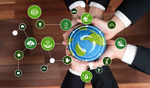 Business Partnership Holding Earth Globe Together Eco Sustainability Icon Symbolize — Stock Photo, Image