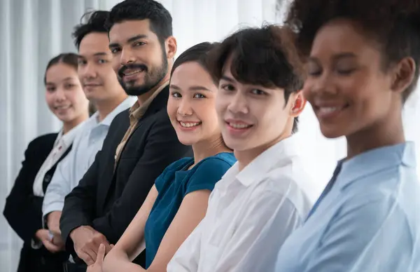 Happy Smiling Multiracial Office Worker Hold Hand Line Promoting Synergy — Stock Photo, Image