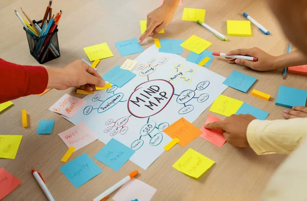 Професійна Стартап Група Ділиться Ідеєю Креативного Маркетингу Використовуючи Карту Розуму — стокове фото