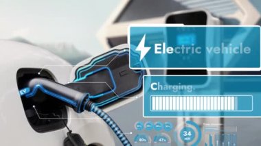 EV şarj istasyonundan şarj olan elektrikli araba akıllı dijital batarya durum hologramını gösteriyor. Alternatif ve sürdürülebilir enerji kullanan şarj edilebilir EV arabaların teknolojik gelişimi. İnceleyin