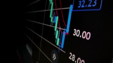 Yakın çekim makro çekim grafiği LED ekranda, büyüme grafiğini ekonomik patlama ya da boğa piyasa noktası konsepti olarak gösteriyor. Finansal yatırım için uygun pozitif borsa.