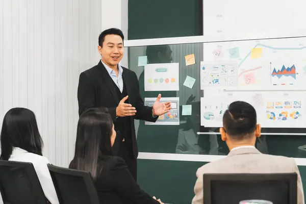 A businessman leader presenting growth Statistics with confident in front of glass whiteboard rounded by female colleagues listening data analyst. Office Conference room meeting. Intellectual.