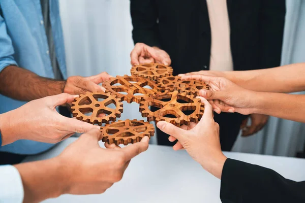 Business Team Joining Cogwheel Circular Together Symbolize Successful Group Business — Stock Photo, Image