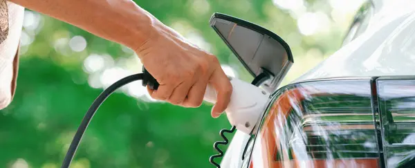 Detailní Muž Dobíjet Baterie Elektrických Automobilů Nabíjecí Stanice Venkovním Zeleném — Stock fotografie