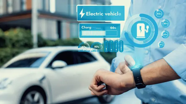 Businessman Checking Car Battery Status Hologram Smartwactch While Recharging Charging — Stock Photo, Image