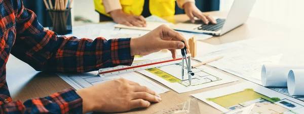 Cropped Image Professional Engineer Team Working Blueprint While His Coworker — Stock Photo, Image