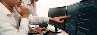 Yazılım geliştirme ekibi ofiste birlikte çalışıyor, bilgisayar ekranında betik görüntülemesi kodluyor. Teknoloji geliştirici şirketinde çalışan programcı ve yazılım mühendisi. Önde.