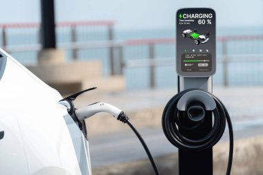 Açık hava EV şarj istasyonundaki elektrikli araba şarj istasyonu ya da deniz manzaralı araba, çevre dostu araba için alternatif ve sürdürülebilir enerji teknolojisi. Kalıcı