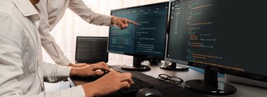 Yazılım geliştirme ekibi ofiste birlikte çalışıyor, bilgisayar ekranında betik görüntülemesi kodluyor. Teknoloji geliştirici şirketinde çalışan programcı ve yazılım mühendisi. Önde.