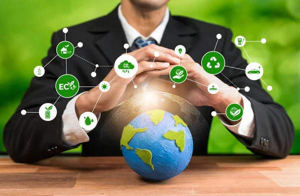 Businessman Holding Earth Eco Friendly Icon Design Symbolize Business Company — Stock Photo, Image