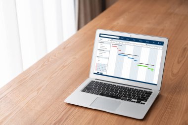 Ekip projesinin zaman çizelgesini gösteren bilgisayar ekranında, modern iş projesi yönetimi için proje planlama yazılımı