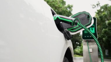 Doğal yeşil araba parkındaki ekolojik temiz enerji şarj istasyonundan gelen fütürist akıllı EV şarj aletinin şarj ettiği elektrikli araba. Alternatif enerji kullanan gelecekçi çevre dostu elektrikli araba. İnceleyin