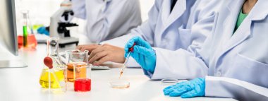 Laboratuvar araştırma ekibi, bilimsel uzmanlık ve laboratuvar ekipmanları ile sağlık hizmetlerini ilerletiyor, yeni ilaçlar araştırıyor ve laboratuvarda tedavi geliştiriyor. Panorama Katı