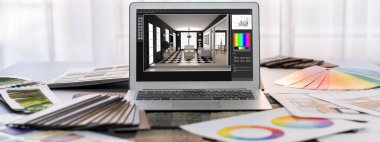 İç tasarımcı çalışma masası ve dizüstü bilgisayar ekranında renk seçimi için renkli kumaş kumaşlar ve ortam malzemesi içeren mimari yazılım. Modern iç tasarım ofisi. İçgörü