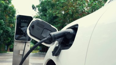 Elektrikli araba parkı ve şarj istasyonunun yanında şarj edilen enerji konseptinin sürdürülebilirliği. Çevresel koruma için yenilenebilir enerji tarafından kullanılan elektrikli araç.