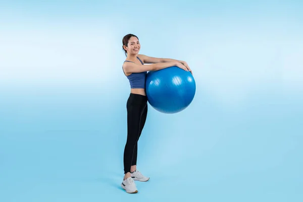 Young Attractive Asian Woman Portrait Sportswear Fit Ball Targeting Abs — Stock Photo, Image