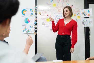 Profesyonel çekici kadın lider, modern iş toplantı odasında beyin fırtınası zihin haritalama istatistikleri ve renkli yapışkan notlar kullanarak yaratıcı pazarlama planını sunuyor. Tertemiz..