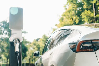 Yazın yeşil sürdürülebilir şehir bahçesinde elektrikli araba şarj oluyor. Kentsel sürdürülebilirlik yaşam tarzı yeşil temiz yeniden şarj edilebilir enerji elektrikli BEV araç iç organları