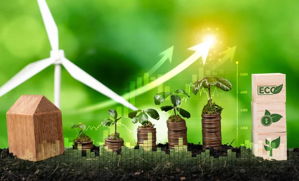 Growing coin or money stack with ESG business investment on alternative renewable energy with sustainable growth potential lead to profitable financial return and net zero future. Reliance