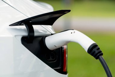 Temiz ve sürdürülebilir enerji kullanarak şarj olmak için EV şarj cihazına EV şarj cihazı takıldı. Doğal koruma ve çevre dostu araba yolculuğu konsepti. Yükselt
