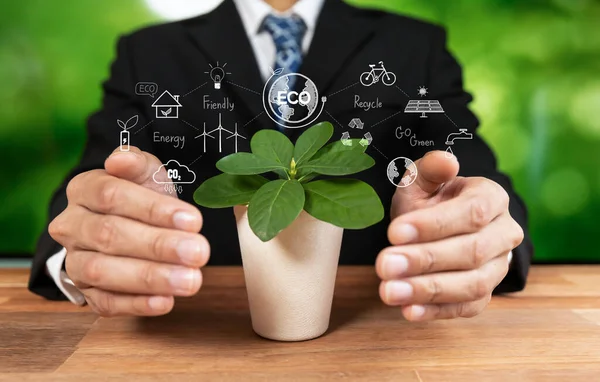 Businessman Holding Plant Symbolize Environmental Protection Corporate Esg Commitment Make — Stock Photo, Image