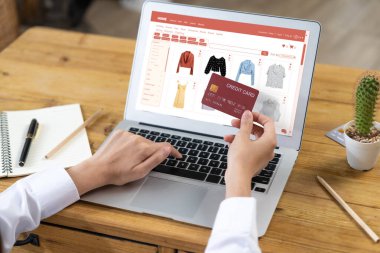 İnternet pazarından alışveriş yapan kadın modern yaşam tarzı için satış malzemeleri arıyor ve en yüksek siber güvenlik yazılımı tarafından korunan cüzdandan çevrimiçi ödeme için kredi kartı kullanıyor