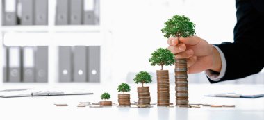 Üzerinde ağaç olan para yığını, CSR ya da ESG 'nin çevreyi koruma amaçlı yeşil iş yatırımlarını sembolize ediyor. Sıfır sürdürülebilirliği arşivlemek için finansal planlama yapan iş adamları. Kurnaz.