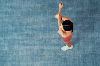 Spor giyimli çekici Asyalı kadın spor egzersizlerinden önce esneme hareketleri yapıyor. Sağlıklı atletik bir kadınla vücut egzersizi. Üst Manzara Panoraması. Kuvvetli