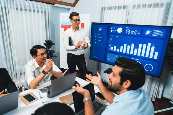 Presentation in office or meeting room with analyst team utilizing BI Fintech to analyze financial data. Businesspeople analyzing BI dashboard power display on TV screen for strategic planning.Prudent
