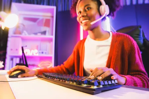 African American Girl Streamer Playing Online Fighting Esport Skilled Team — Stock Photo, Image