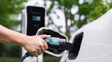 Adam EV şarj aleti takıyor ve yeşil park ve yeşillik arka planında akıllı şarj istasyonu olan elektrikli arabayı şarj ediyor. Çevre koruma için temiz enerjiden güç alan çevre dostu EV araba. İnceleyin