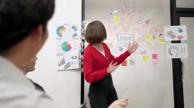 Yetenekli genç ve güzel iş kadını, yaratıcı iş toplantısında yakışıklı yönetici dinlerken zihin haritalama ve istatistiksel grafik kullanarak pazarlama fikrini kendine güvenle sunuyor. Tertemiz..