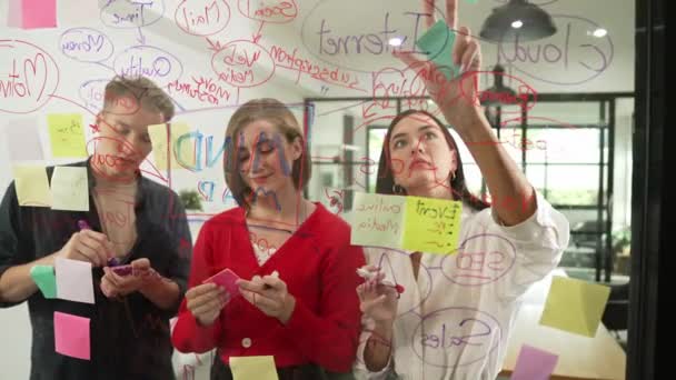 通过在玻璃板现代会议室写下五彩缤纷的贴纸 创意商务团队集思广益 分享创业计划的营销理念 一起工作 纯洁无瑕 — 图库视频影像